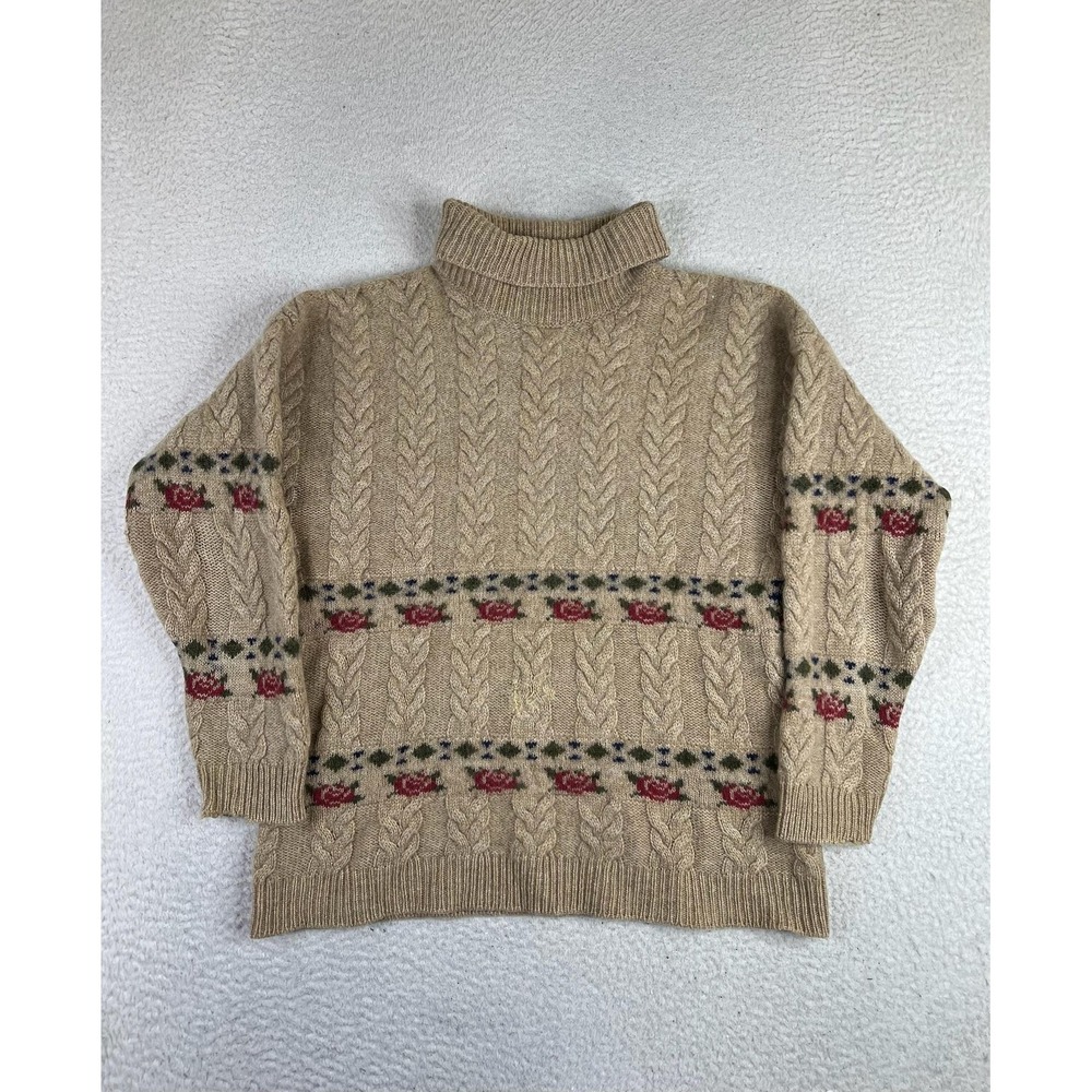 United Colors of Benetton Beige Cable Knit Wool Floral Turtleneck Sweater L